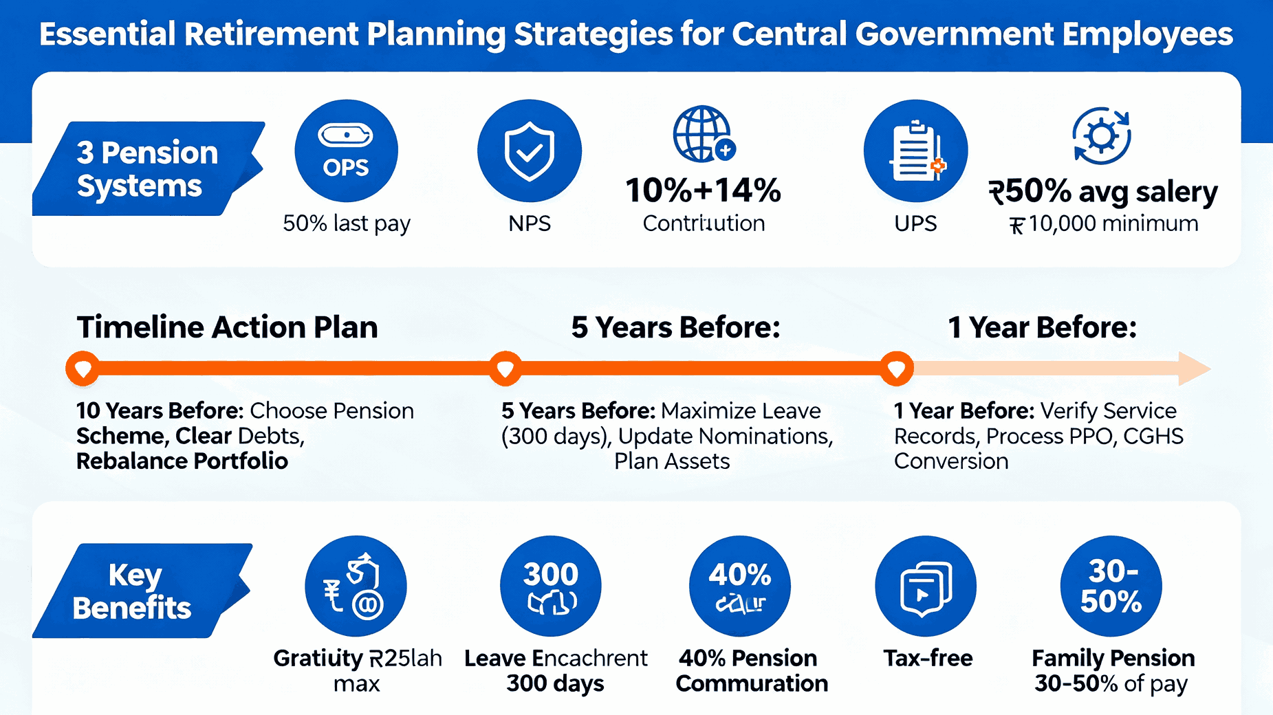 Retirement planning strategies for Central Government employees showing pension schemes, gratuity optimization, and financial planning timeline